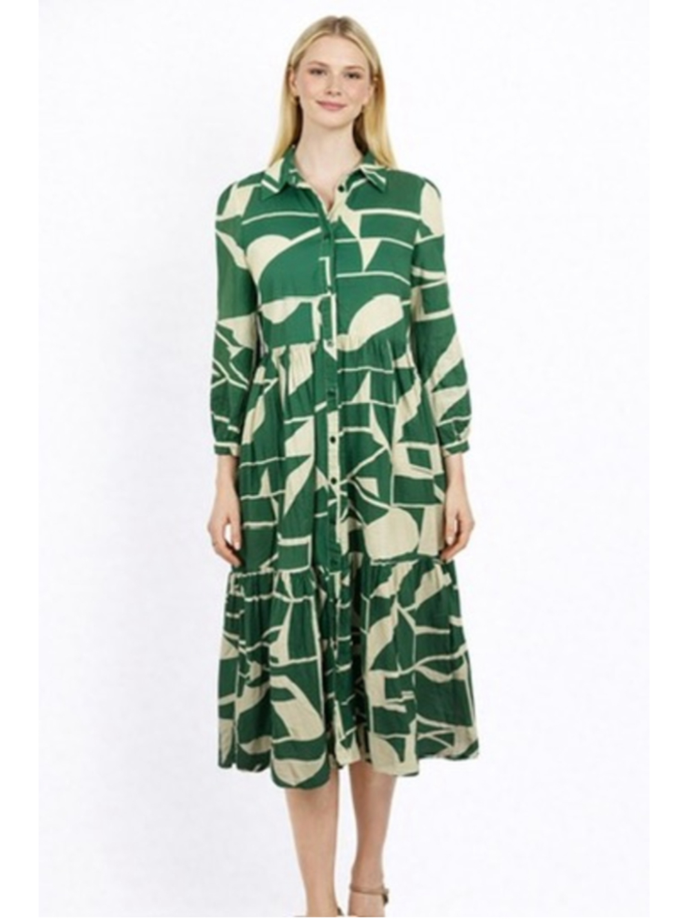 ZARA Abstract Geometric Print Dress Green White Tiered Maxi Boho Cotton Size L